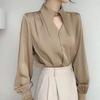 Apricot V-Neck Satin Chic Shirt - Women's Hong Kong Style Drape Top