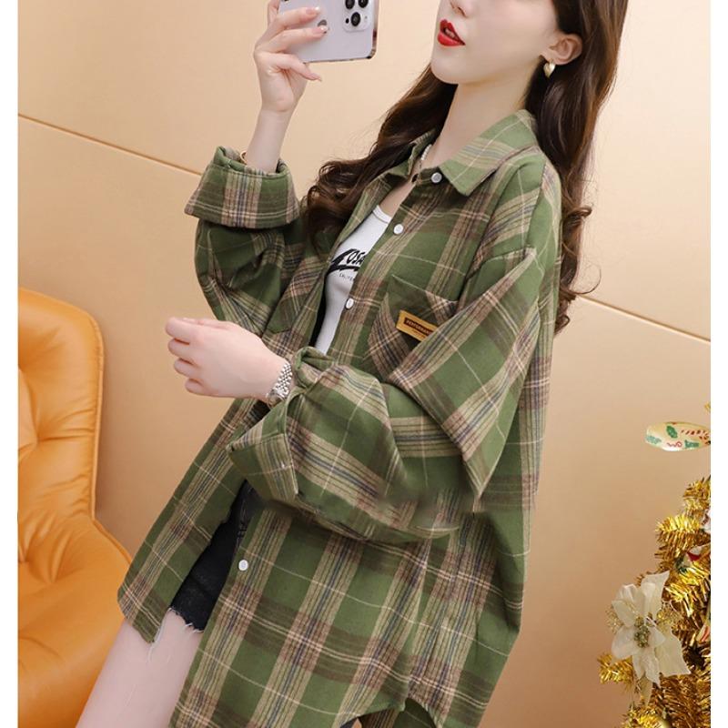 Spring Autumn Vintage Plaid Printing Shirt Women Long Sleeve Casual Fashion Button Top Female Cardigan Blouse