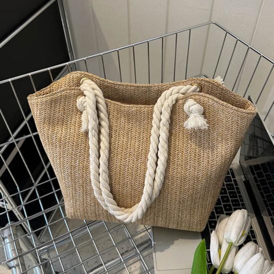 Women Straw Shoulder Bag Large Capacity Tote Bag Zipper Closure Casual Beach Bag for Daily Outings Travel Vacation Work