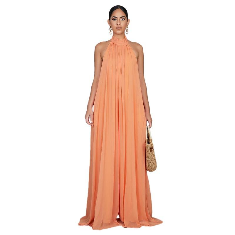 Tuta da donna con scollo all'americana, senza maniche, tinta unita, in chiffon, gamba larga, schiena scoperta, morbida, fluida, pantaloni lunghi, tutina