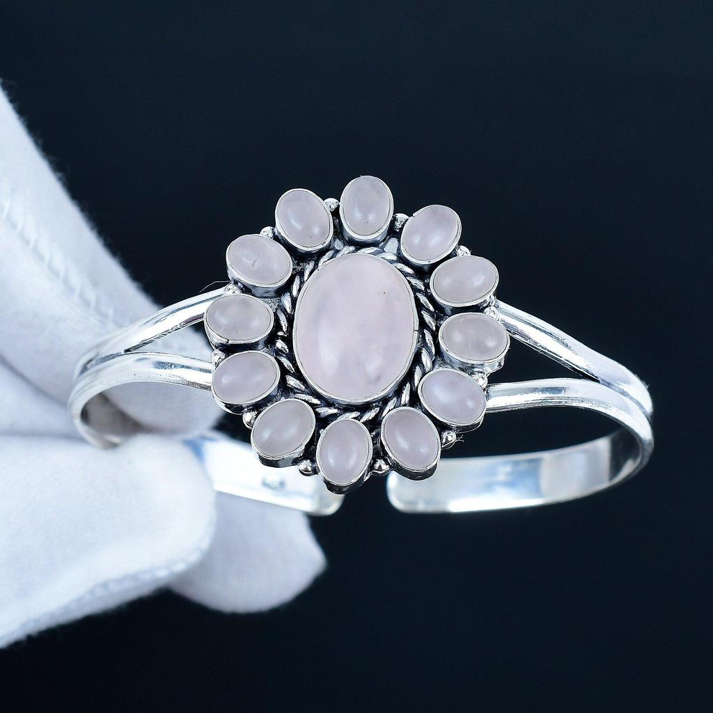 Natural Rose Quartz Gemstone Handmade Cuff Bangle 925 Sterling Silver Cuff Bangle,Rose Quartz Flower Shape Bracelet For Wife, Unisex Bangle