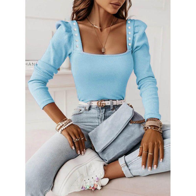 

2025 Solid Color Beaded Long Sleeve Pit Strip Top Sky Blue 2XL