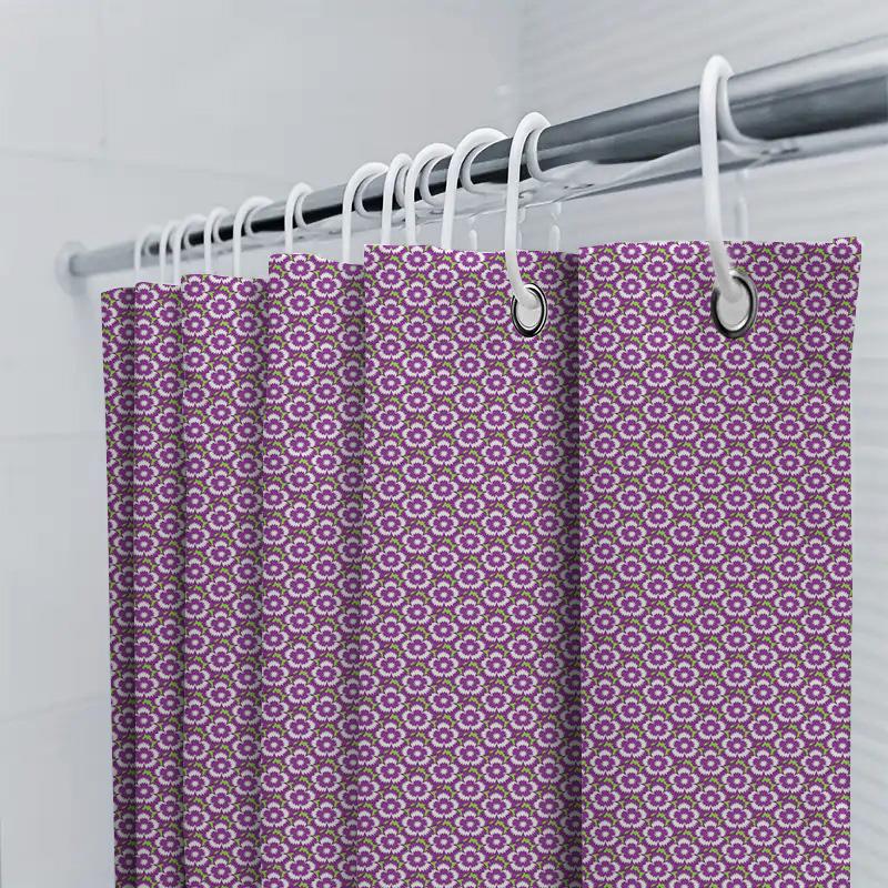 Pink Floral Shower Curtain With Green Border: Printed Bathroom Decor Modern Home Textiles For Bathtub Or Room Decoration (Purple