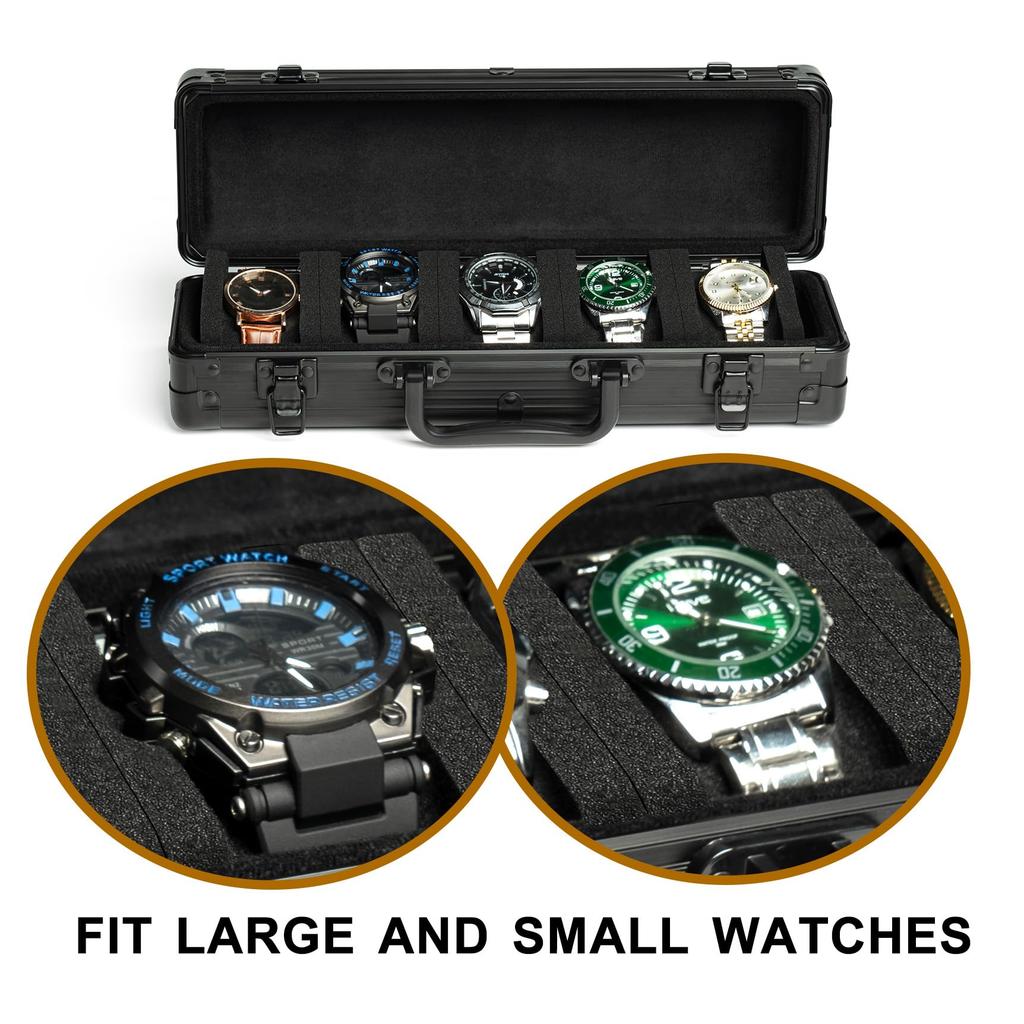 AUKURA Aluminium Uhrengehäuse Deluxe Uhrenaufbewahrungsbox für Präsentation und Organisation Schwarz 5 5-Schlitz-Organizer, (Klassische Spielautomaten).