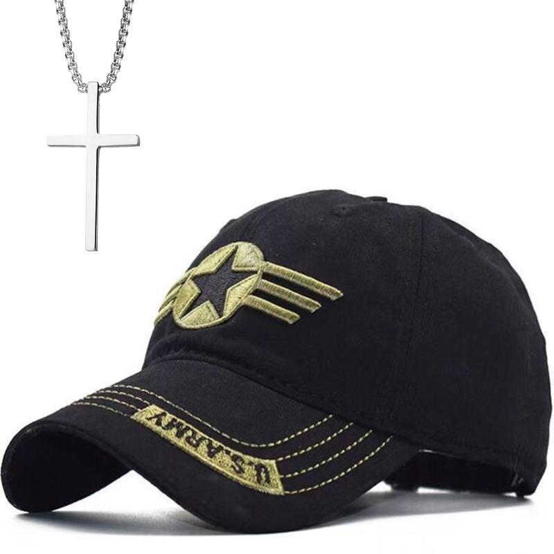 2pcs Men's Baseball Cap Necklace Set Duck Tongue Hat Casual Sun Shade Fashion Cross Pendant Necklace Outdoor Sports Hat