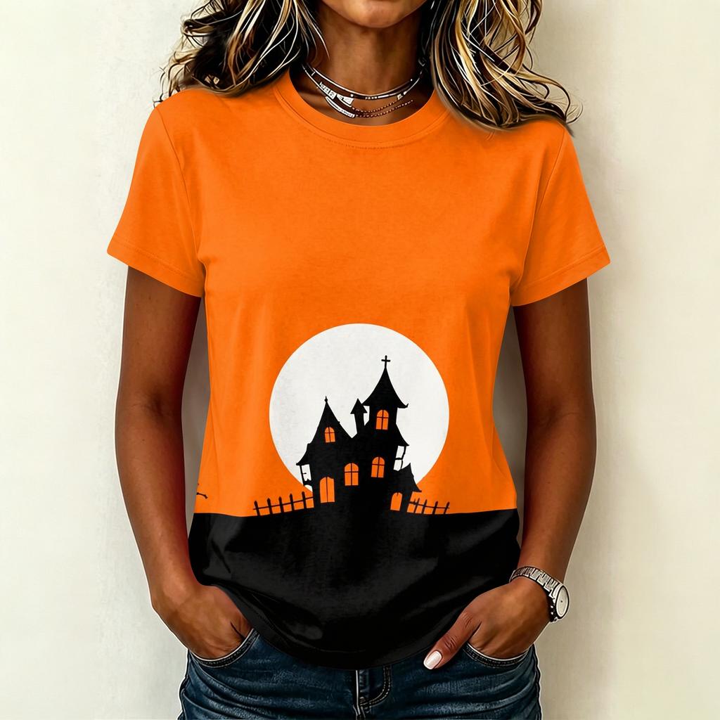Women's Casual Pullover Short Sleeve T-Shirt Halloween Print Top Crew Neck Relaxed Fit Lightweight Tee for Everyday Wear