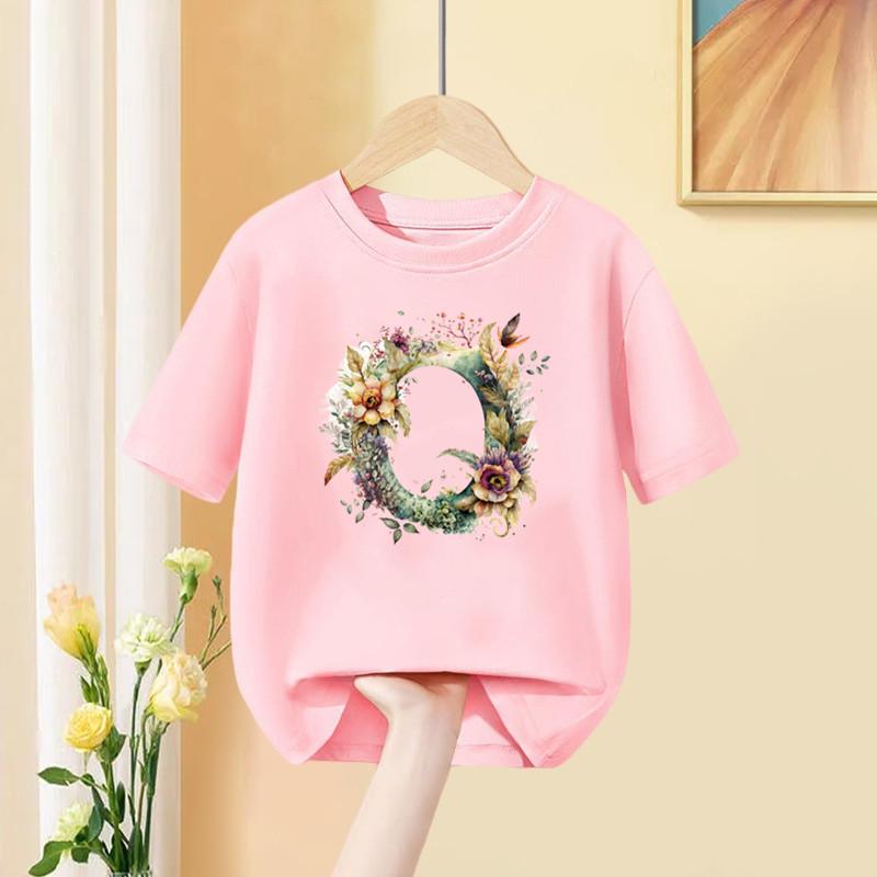 Girls T Shirt Custom Name Letter Combination Print Tshirt Flower Letter Font A B C D E F G Short Sleeve Kids Pink Tops