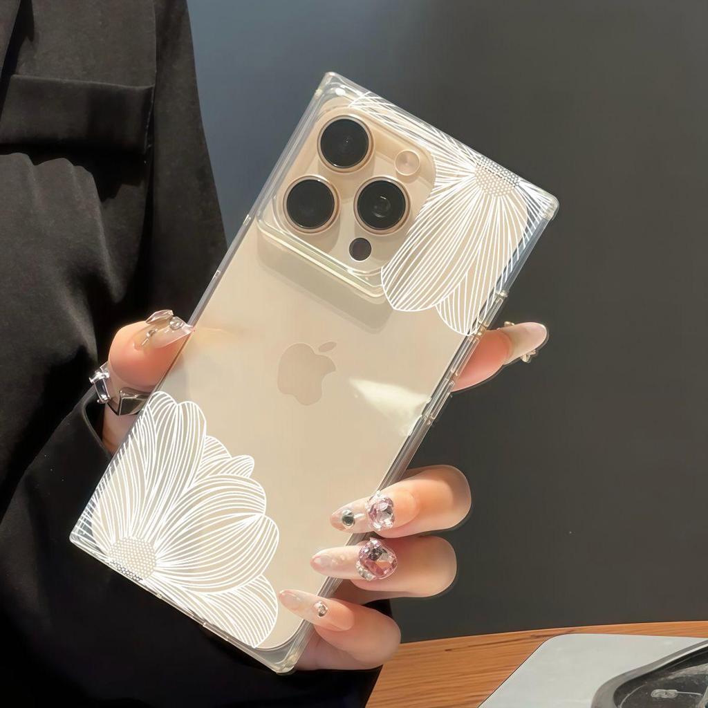 Square Back Tube Protection Clear Case For iPhone 16 ProMax 14 Pro Max 12 15 Plus 11 13 Anti-Oxygen,White Stripe Petals Pattern Casing
