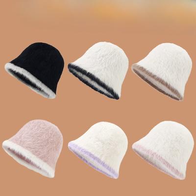 Chapéu Moda Feminina Outono e Inverno Novo Chapéu Bucket Estilo Coreano Combinação de Cores Redutor de Idade Chapéu de Pescador de Pelo de Coelho Chapéu de Pelúcia Quente Versátil
