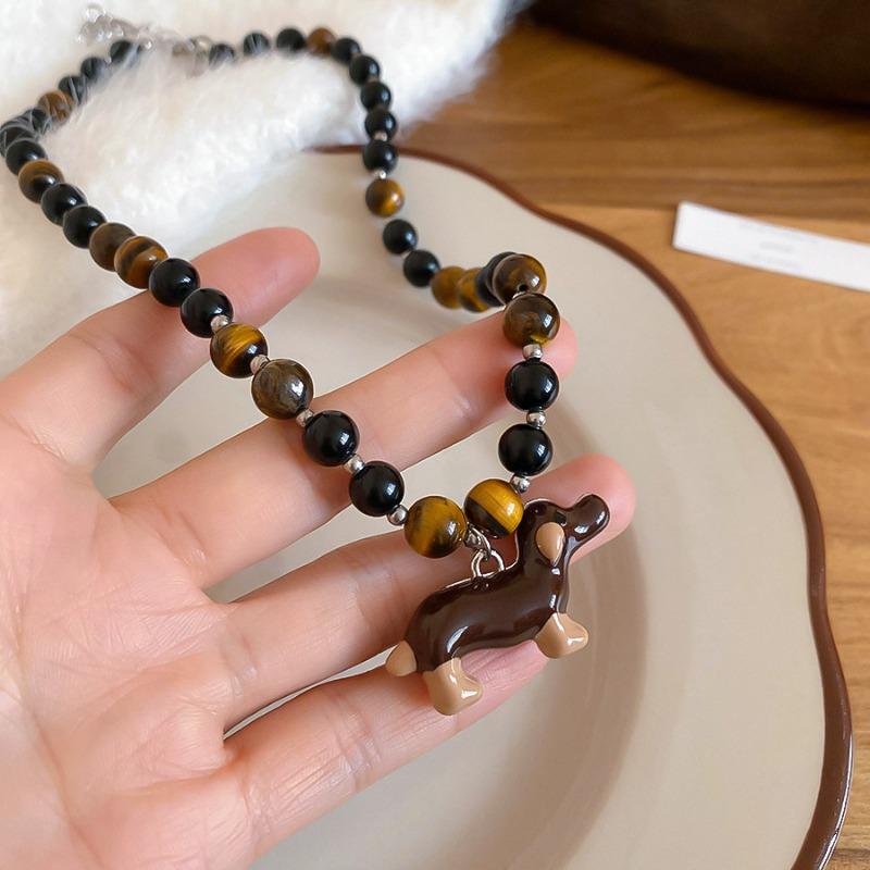 Women Stylish Choker Necklaces Natural Tiger Eye Stone Enamel Cartoon Dachshund Dog Pendant Beaded Strand Sweet Jewelry