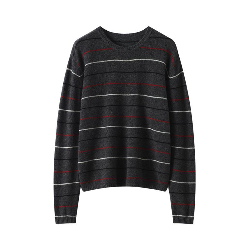 100% Cashmere Women's Color Block Stripe Round Neck Sweater - Autumn/Winter Loose Fit Retro Knitwear Top