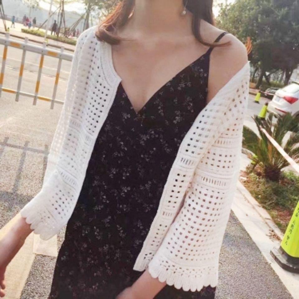 Minimally Short Shawl Hollowed Out Knitted Sweater for Spring and Summer Thin Seven Quarter Sleeve Slim Fit Cardigan for Women with Air Conditioning