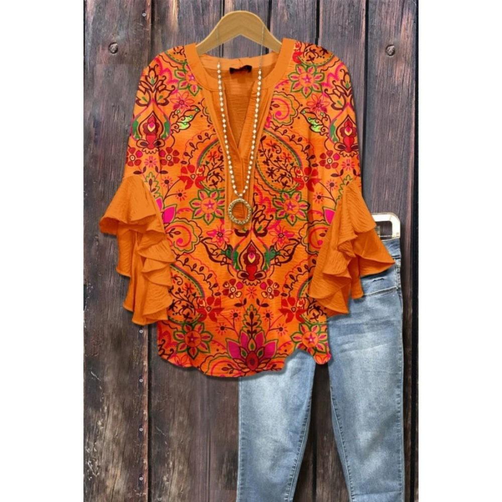 Large Women's Bohemian V-neck Shirt with Ruffle Sleeves, Grey Brown Floral Print Top, Casual Breathable Machine Washable Pullover