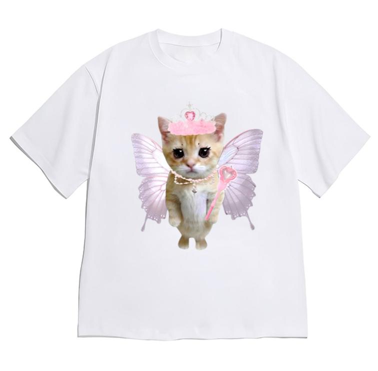 Süßes Feenkatzen-Grafik-T-Shirt Kawaii Prinzessinnenkatzen-Tee Lässiges Kurzarmshirt für Damen Mädchen Stilvoll Vielseitig Koreanischer Stil Einfach