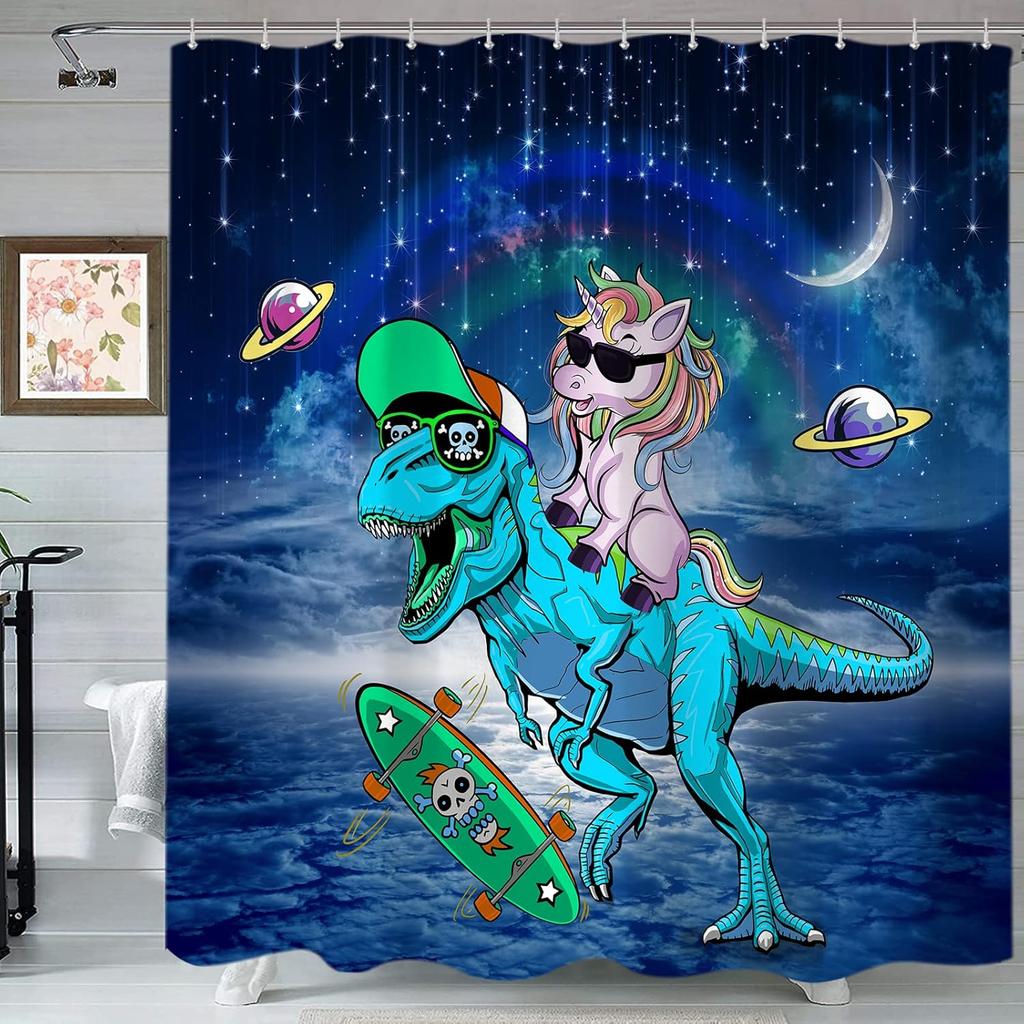 Funny Dinosaur Shower Curtain Set – Cute Unicorn Riding Dinosaur with Rainbow, Galaxy Space Design for Kids & Teens, with Hooks