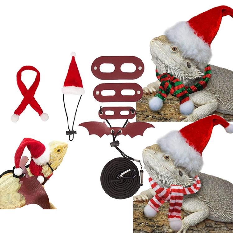 Lizard Leash Harness Set Christmas Costume Hat+Scarf for Gecko Hamster Ferret