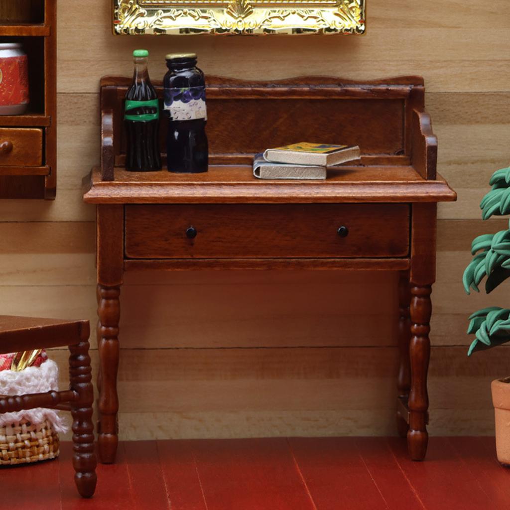 Children Safe 1/12 Miniature Study Desk with Functional Drawer Furniture For Doll House Decors And Imaginative Activity