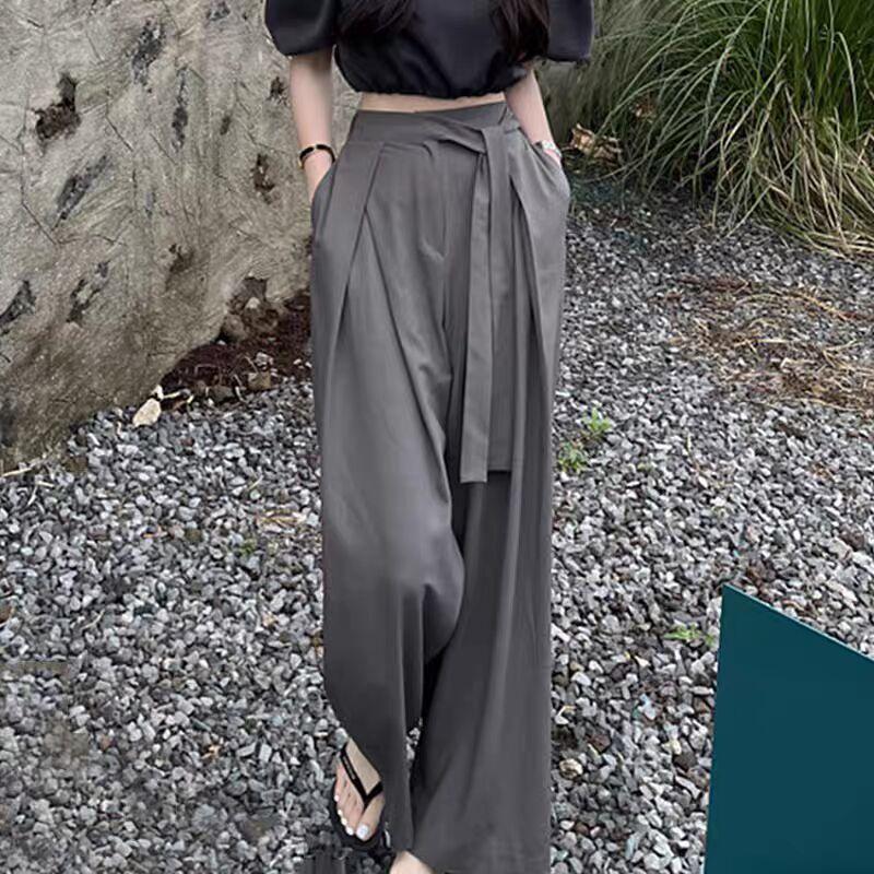 Women's Gray Wide Leg Pants with Belt and Pleated Detail