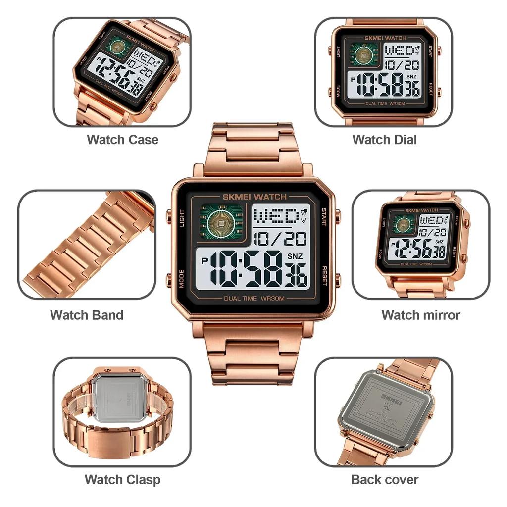 SKMEI 2033 Metal Style Digital Watch Waterproof LED Luminous Casual Square Clock reloj hombre Rectangle Men's Electronic watches