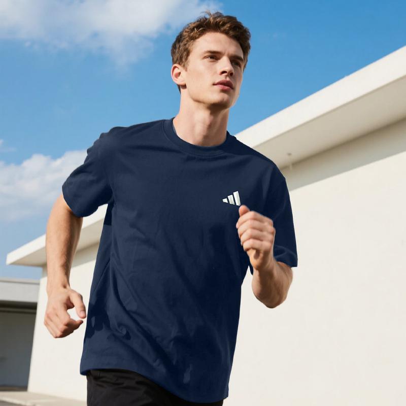Adidas Classic Three Stripes Quick-Dry T-Shirt Lightweight Breathable Fitness Sportswear Round Neck Short Sleeve Men Tops Navy-Blue KC3742