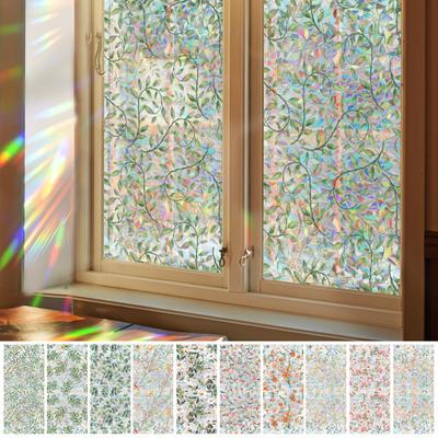 Iridescent Window Film Green Leaf Flower Pattern Non-Adhesive Glass Sticker Reusable Privacy Film for Living Room Bedroom Bathroom