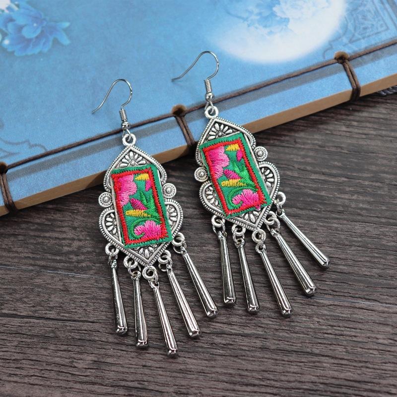 Retro hand-embroidered fabric earrings female long flower fringed versatile temperament performance earrings earrings