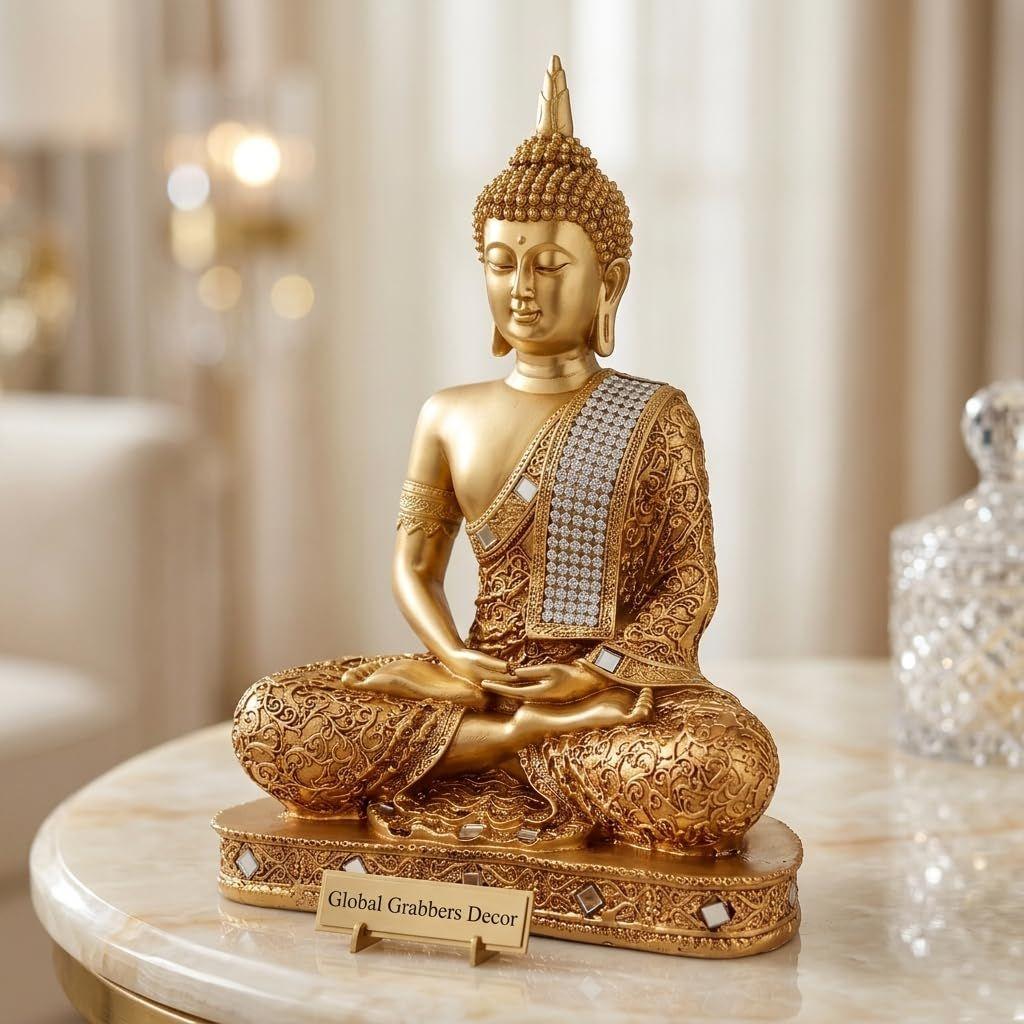 New 25 Centimetre Meditating Sitting Buddha Statue showpiece Idol Home Decor Items for Living Room and Gifts (Golden2)