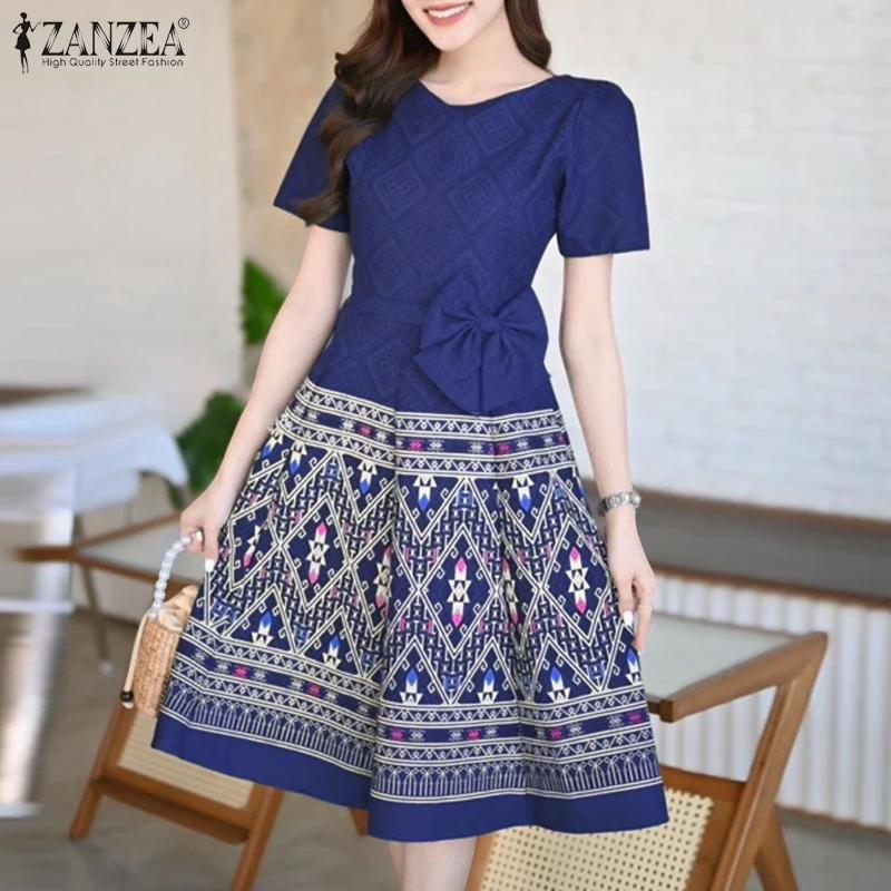 

ZANZEA Women Casual V-Neck Short Sleeve Summer Print Dress 5XL темно-рожевого кольору