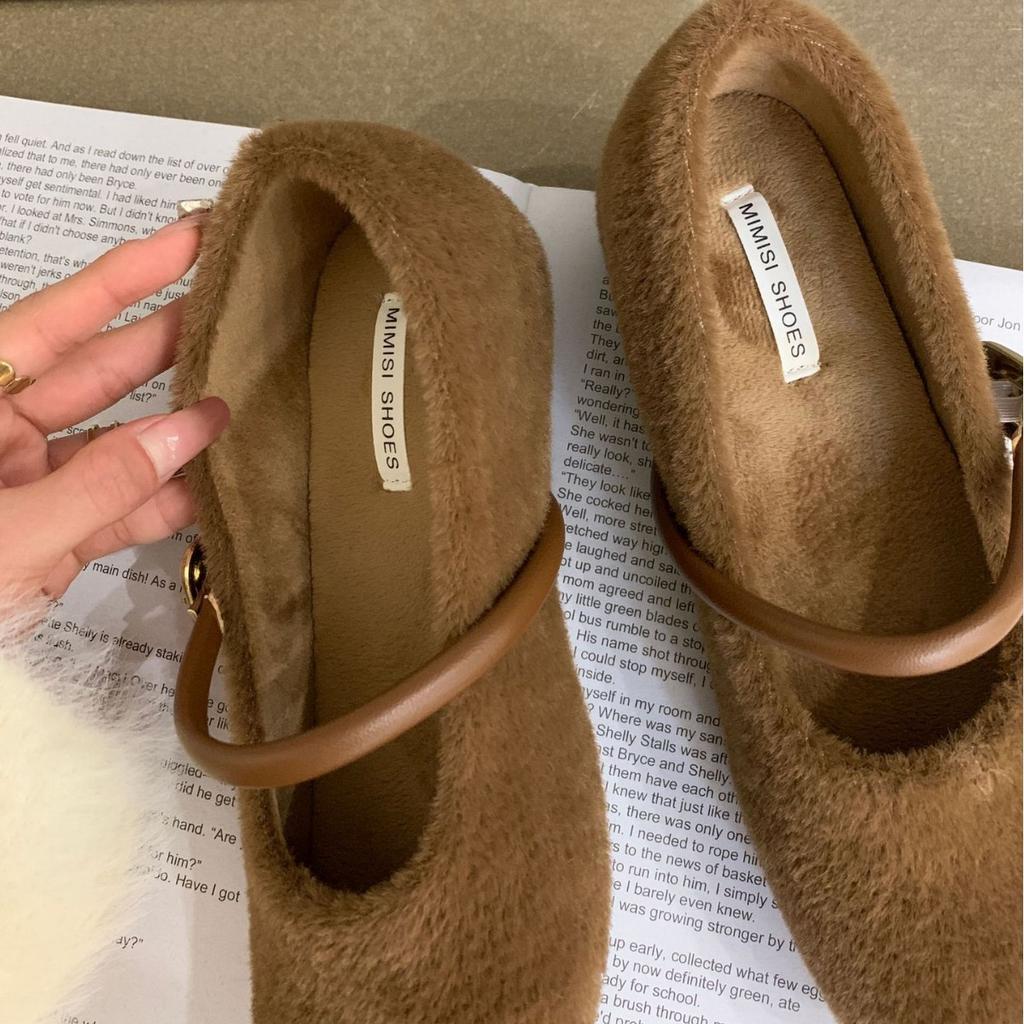 2025 Autumn and Winter New Round Head with Shallow Mouth Inner Slope Heel Mao Mao Warm Women's Single Shoes