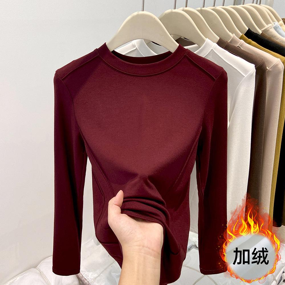 Fleece Thickened Small Stand-Up Neck Bottom Shirt Women's Spring Angora Red Inner Long Sleeve T-Shirt Top