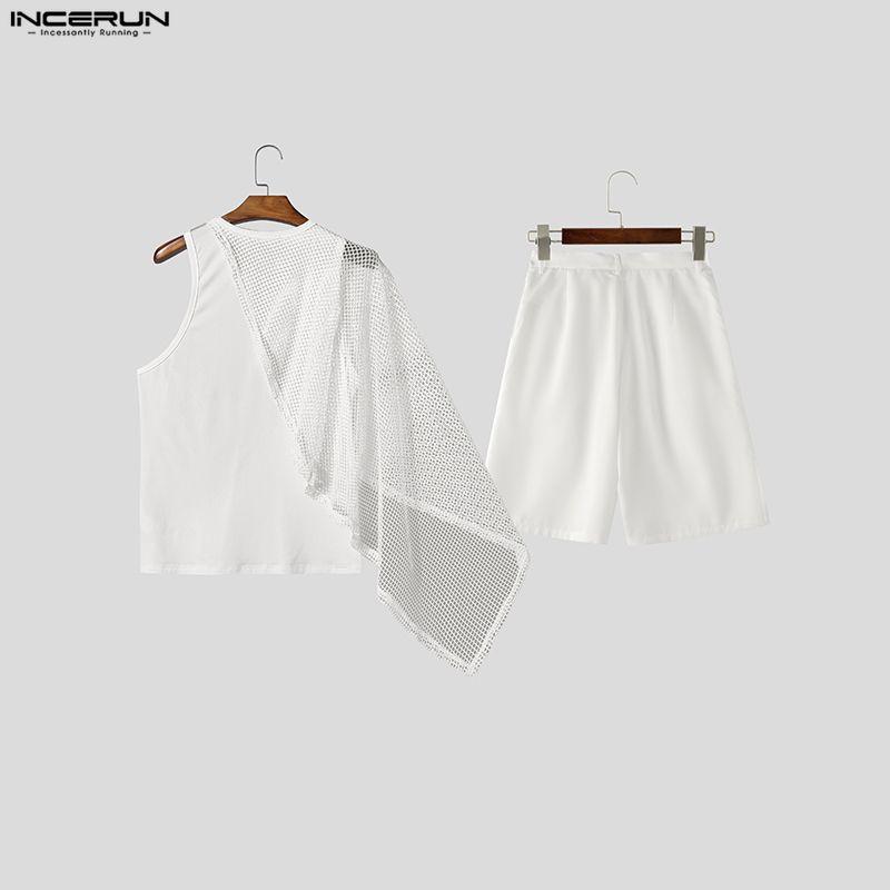 INCERUN Two Pieces Men Mesh Sheer Patchwork Sleeveless Tank Tops and Shorts Casual Sets
