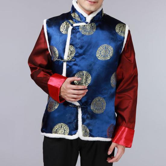 Stand Collar Sleeveless Disc Buckles Furry Trim Tang Suit Vest Men Winter Chinese New Year Tang Suit Waistcoat Outerwear