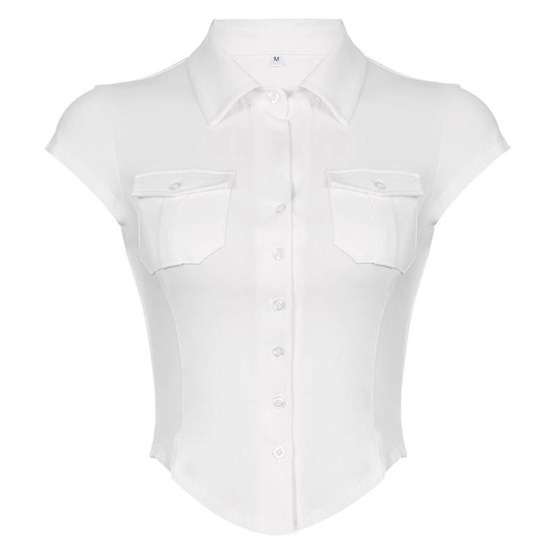 Hongkong-Stil Weiß Slim Fit Polokragen Kurzarm Damen Sommerhemd