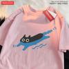 Couple T-shirt Swim Black Cat Diving Print T-Shirt Summer Men's Women's Breathable Casual Cotton Loose Top Short Sleeves