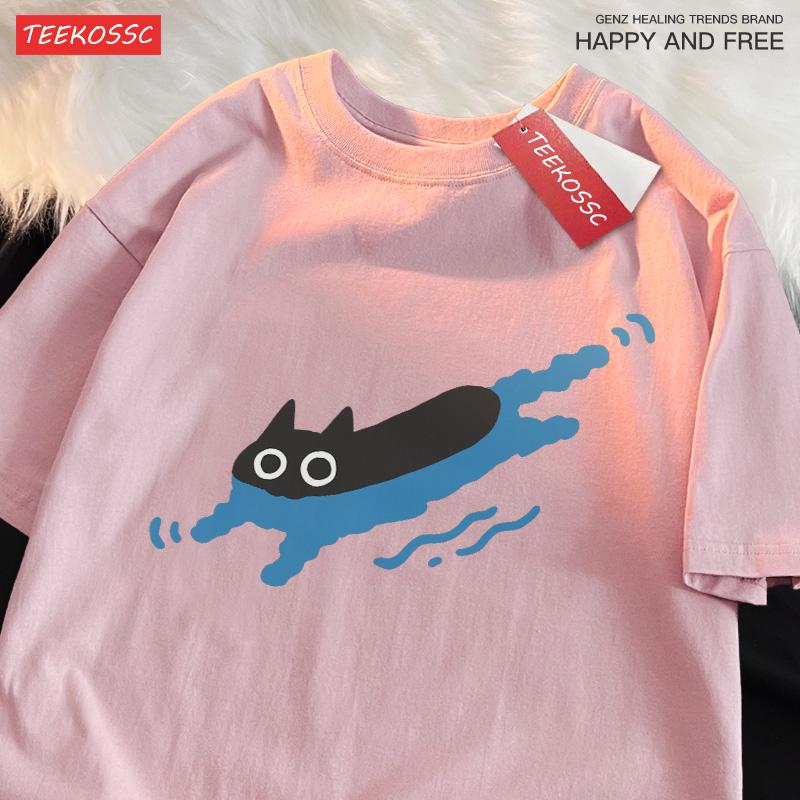 Couple T-shirt Swim Black Cat Diving Print T-Shirt Summer Men's Women's Breathable Casual Cotton Loose Top Short Sleeves