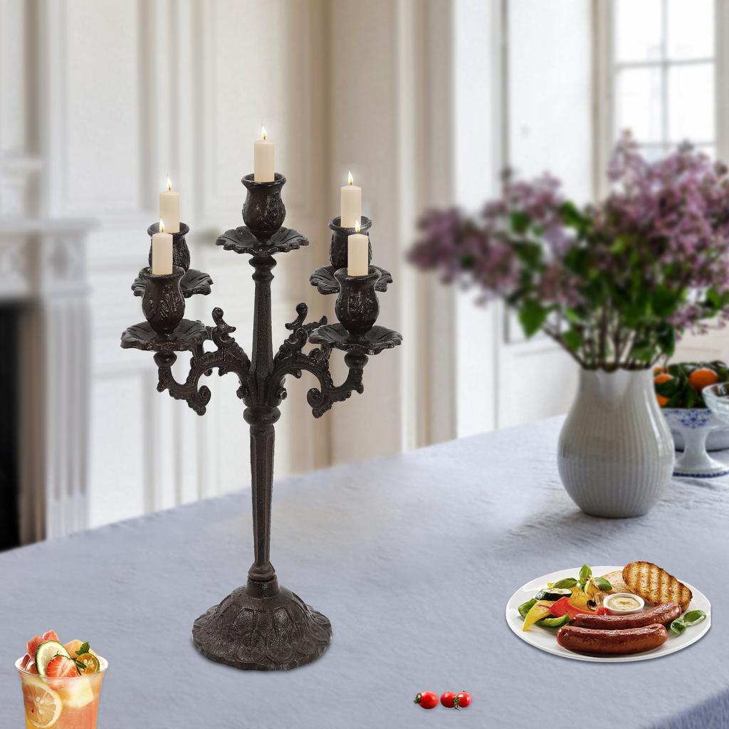 Height 17in Vintage 5-Arm Candle Holder – Rustic Brown Iron Candelabra for Tabletop Decor – Antique-Style 5-Light Candle Stand