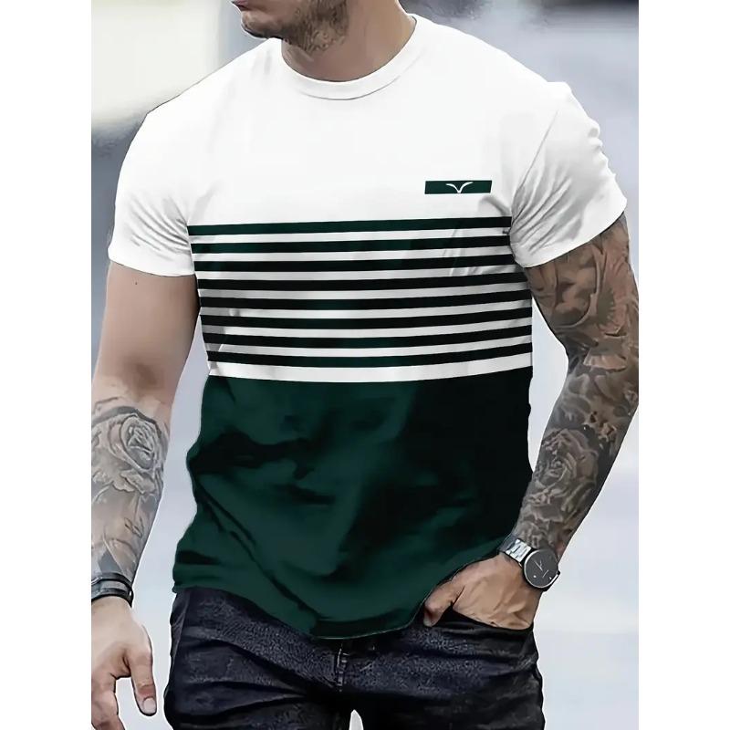 Classic Men's T-shirt Summer Outdoor Round Neck Short Sleeve Top Stripe Print Street Loose T-Shirt Male Oversized Clothing