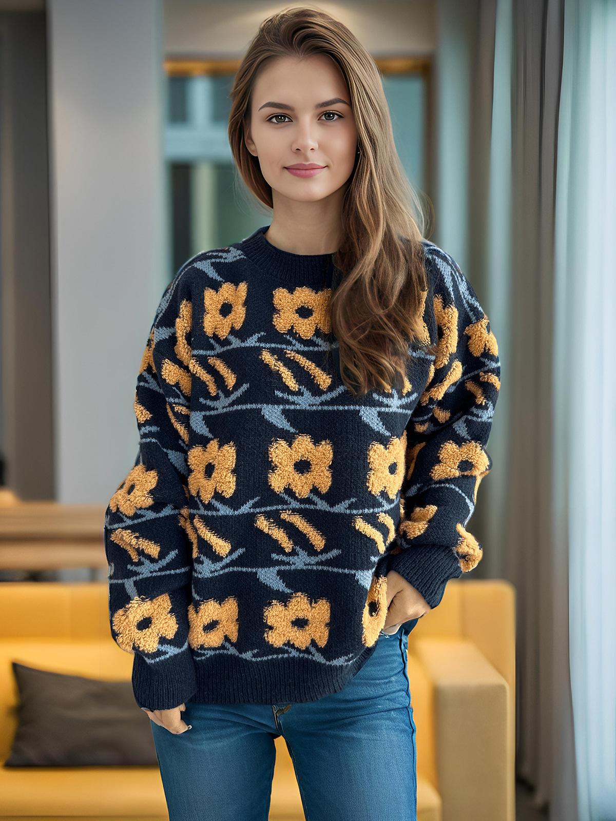 

Осень и Зима Новый Милый и Симпатичный Стиль Цветочный Жаккард Вышивка Полотенцем Вязаный Круглый Вырез Толстый Свитер для Женщин 3579 L темно-синий