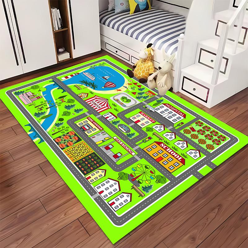 Colorful Town Map with Circus and School Non-slip Rug Suitable for Living Room and Bedroom Sofas.