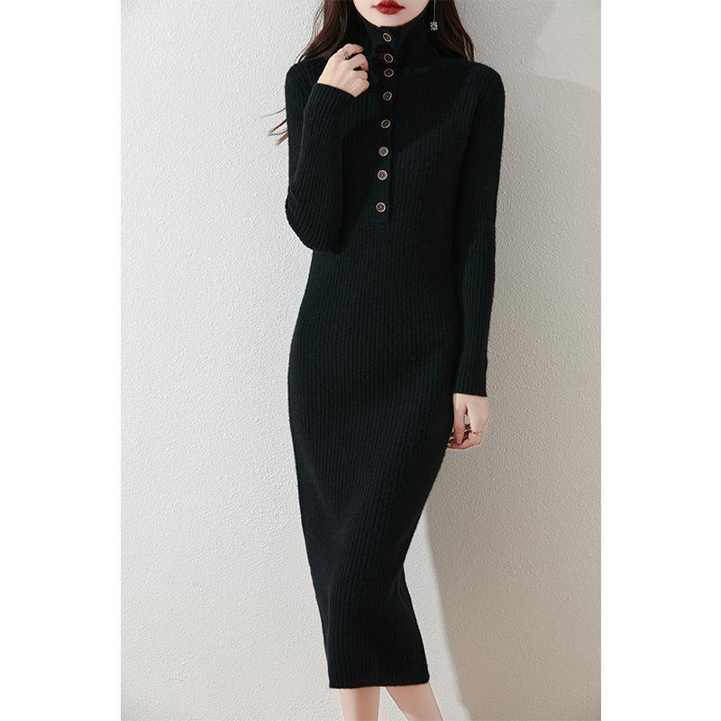 Elegant stacked collar knitted primer dress for women's autumn and winter new long over-the-knee sweater skirt for women