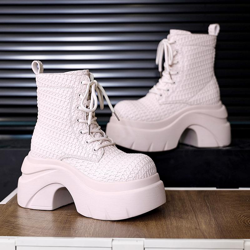 Fashion 9CM High Heels Women's Platform Ankle Boots Designer Weave Shoes Classical Lace Up Pumps Winter Shoes New Elegant Boots De Mujer