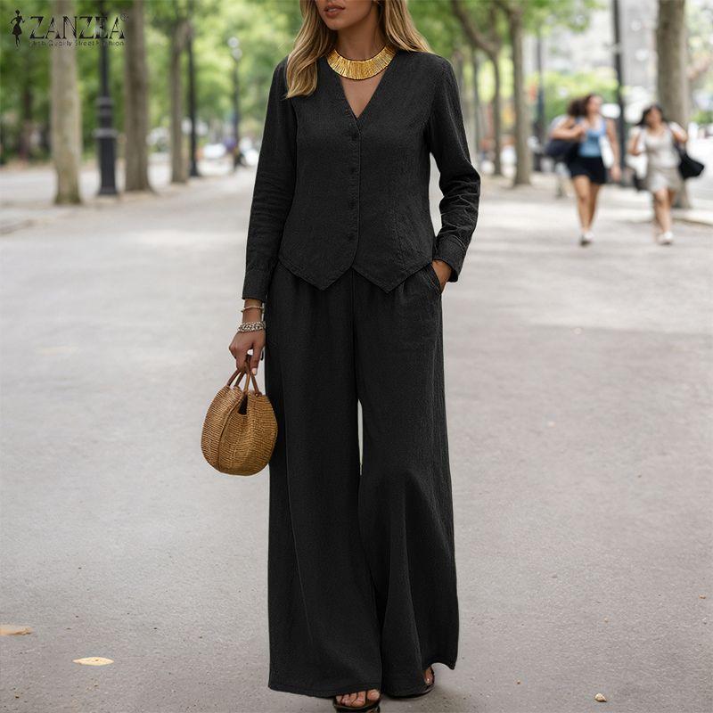 ZANZEA Dámské ležérní dvoudílné sady obleků s dlouhým rukávem a kalhotami