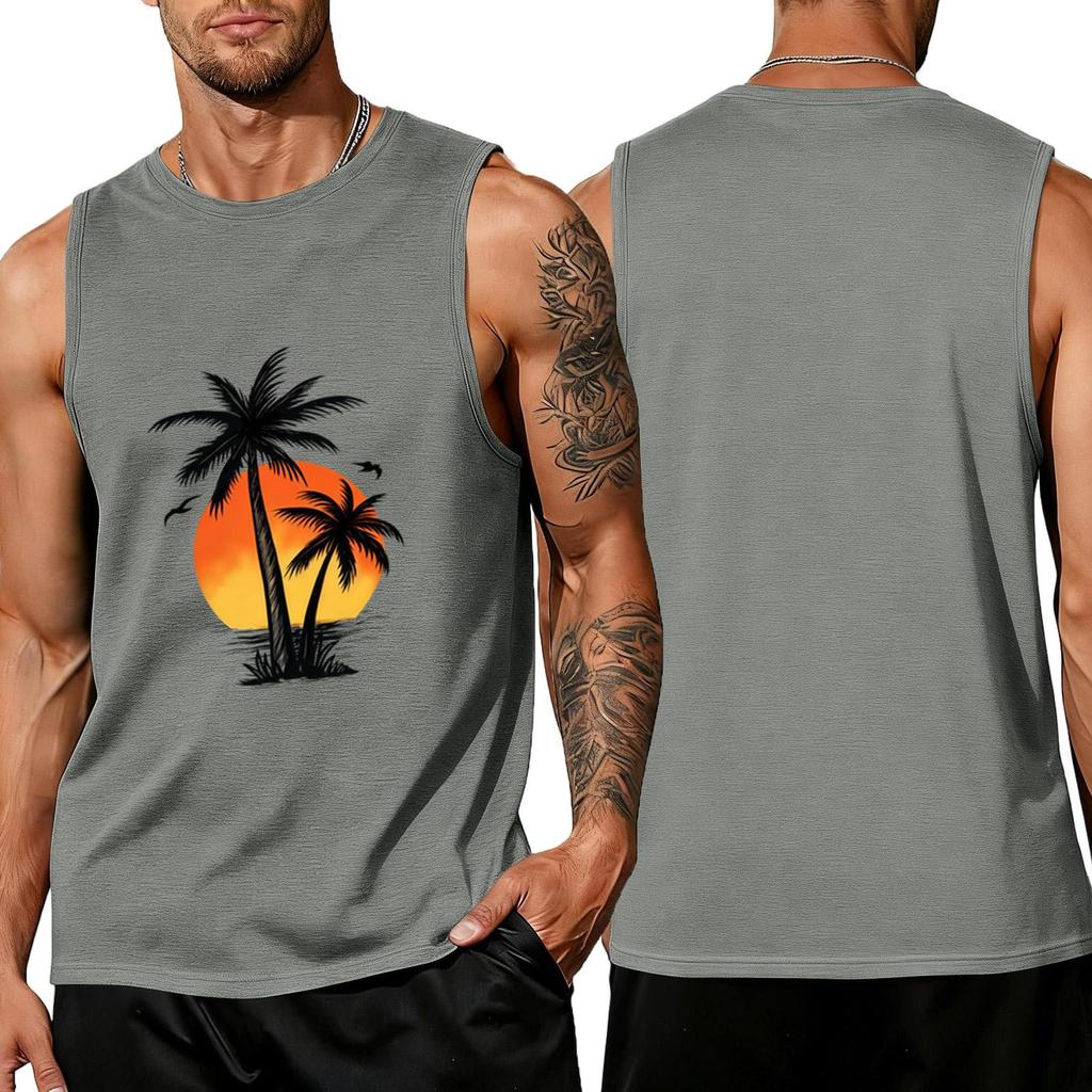 Men Sleeveless Crew Neck Tank Top with Tree and Print Relaxed Fit Casual Shirt for Summer Outdoor Use
