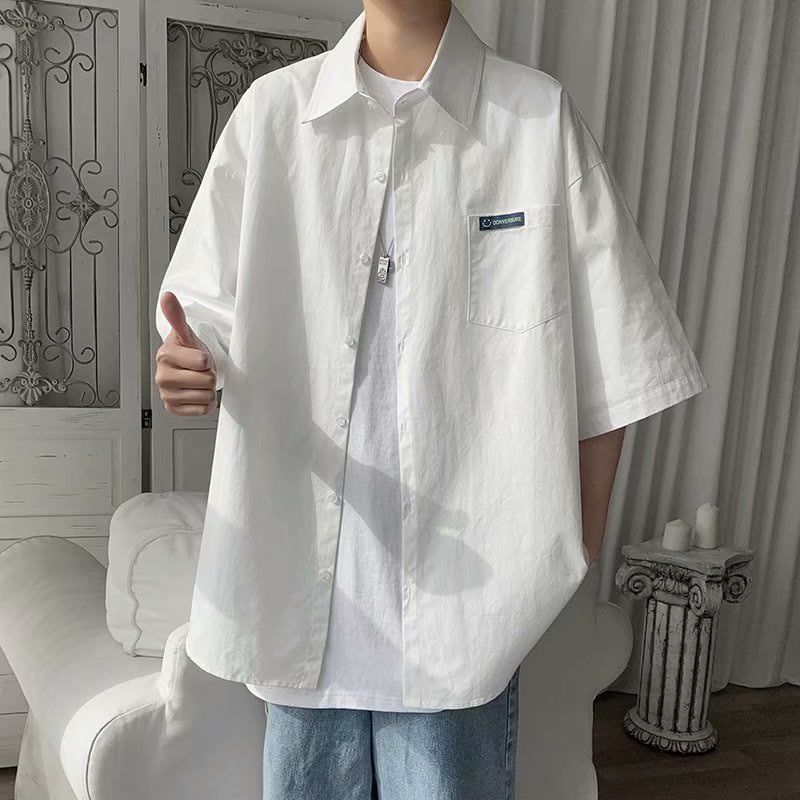 

Japanese White Shirt Short-sleeved Boy Handsome Korean Style Simple Loose Shirt Handsome Versatile Student Jacket M білий