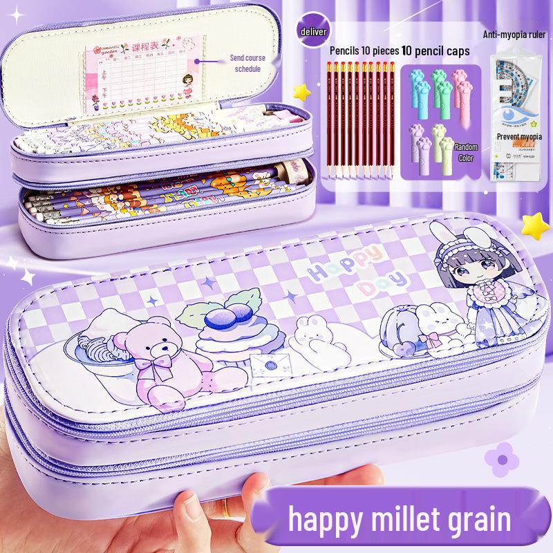 Large Capacity Double Layer Pencil Case - Cute, Stylish Canvas Stationery Box for School Students