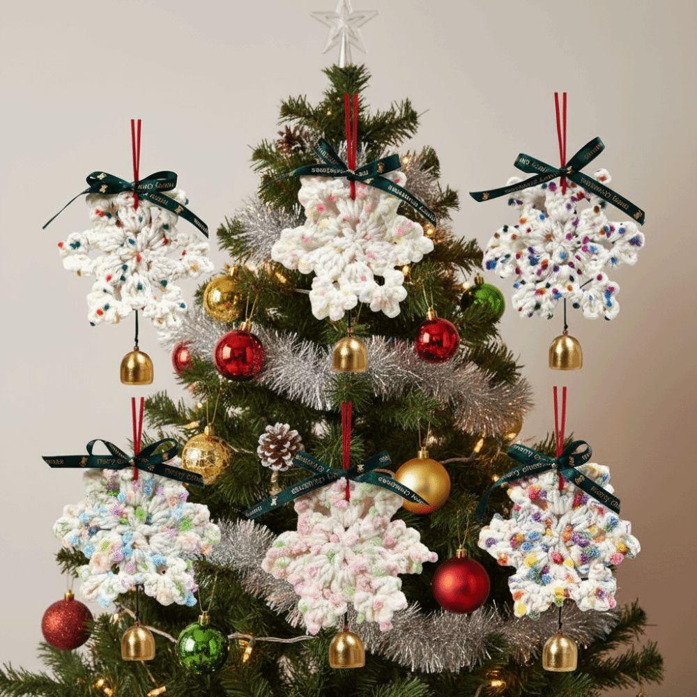 Hand-knitted Christmas Bell Pendant 16cm Crisp Sound Crochet Snowflake Pendant Ribbon Bow Creative Woven Xmas Tree Pendant
