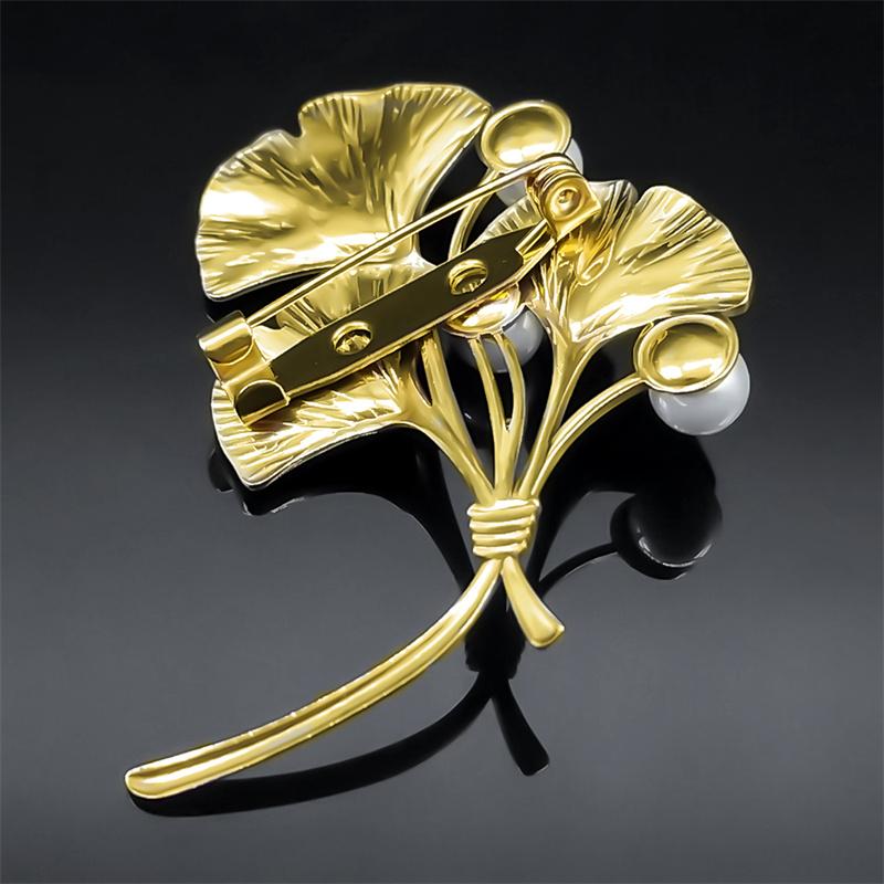 Retro Elegant Ginkgo Leaf Brooches for Women Stainless Steel Gold Color Wedding Party Brooch Pin Accessories Jewelry Gift