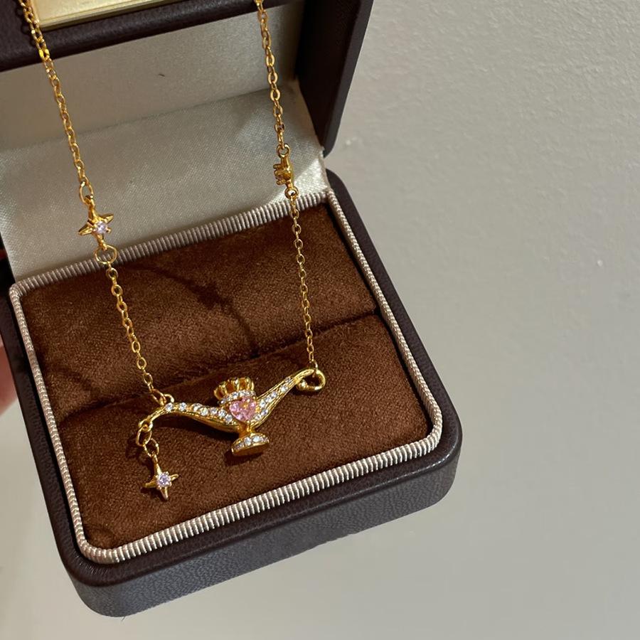 Sweetheart Leader Search Banner Magic Lamp Necklace Women'S Light Luxury Brushed Flash Micro Inlaid Smart Pink Diamond Pendant Collarbone Chain