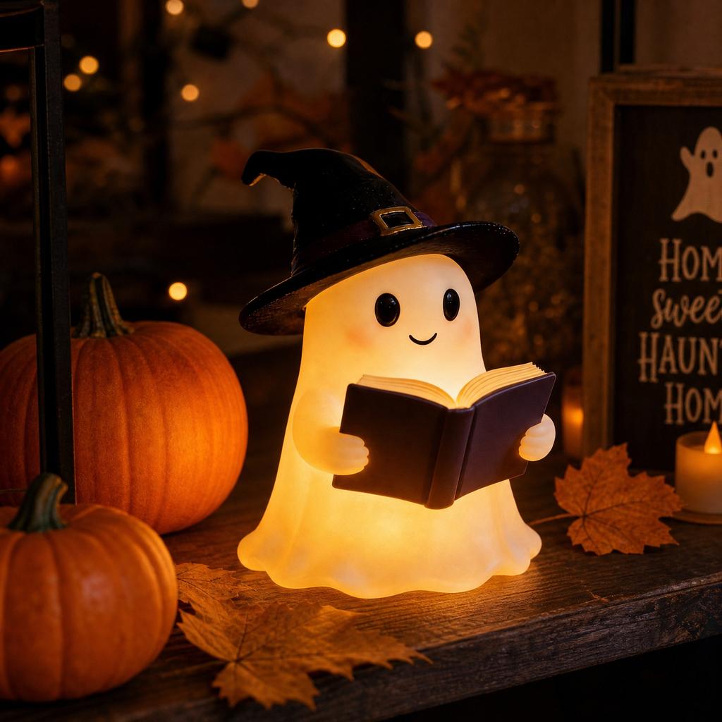 Halloween Ghost Decorative Table Lamp Witch Hat Novelty Night Light Resin Figurine Book Reading Ornament for Home Office