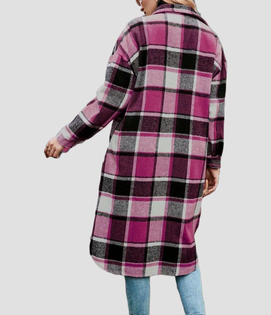 Women's Mid-Length Plaid Long Sleeve Loose Woolen Coat for Autumn/Winter, Plus Size
